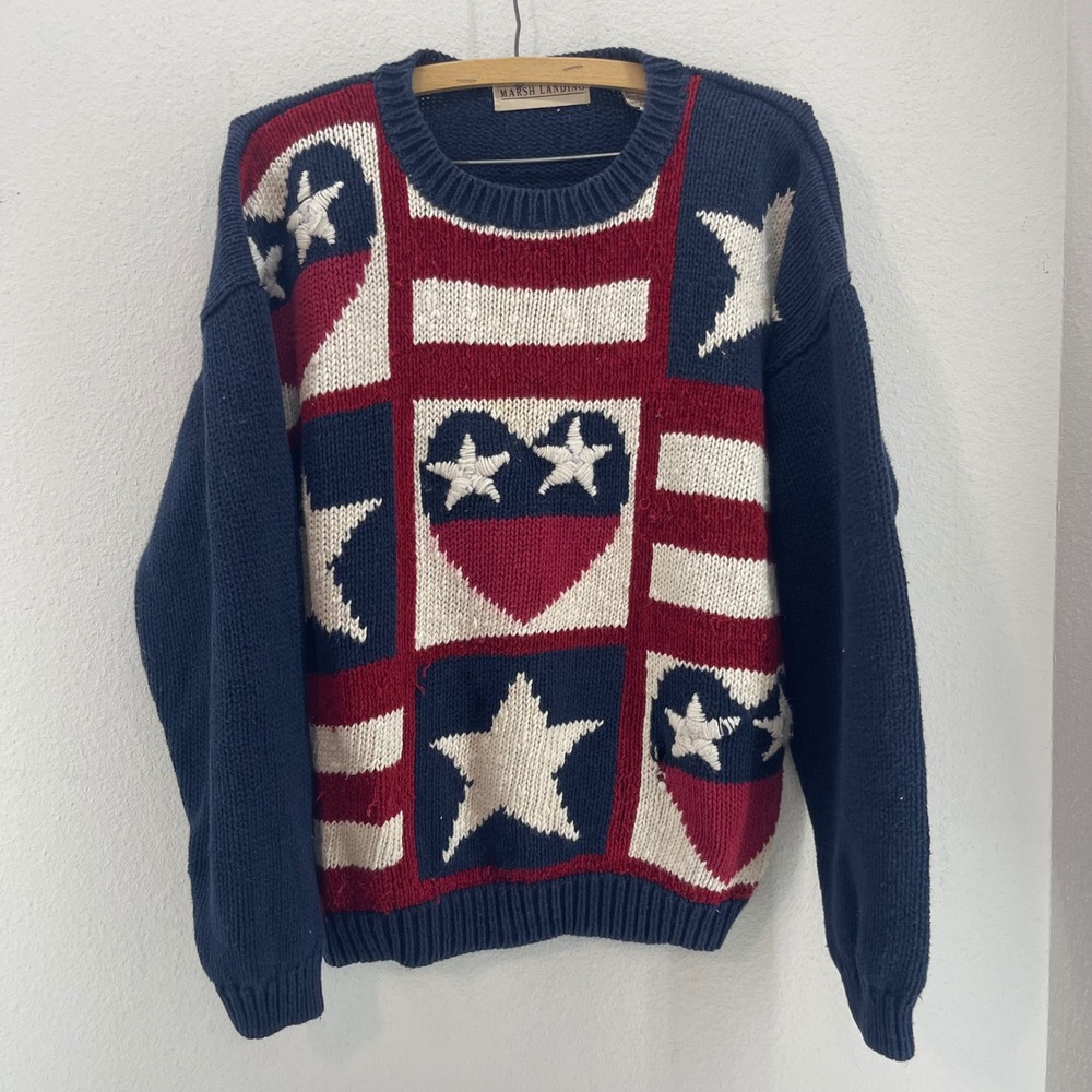 VTG 90s Grunge Thrashed Patriotic Sweater M American Flag Stars Stripes Knit - Picture 2 of 11